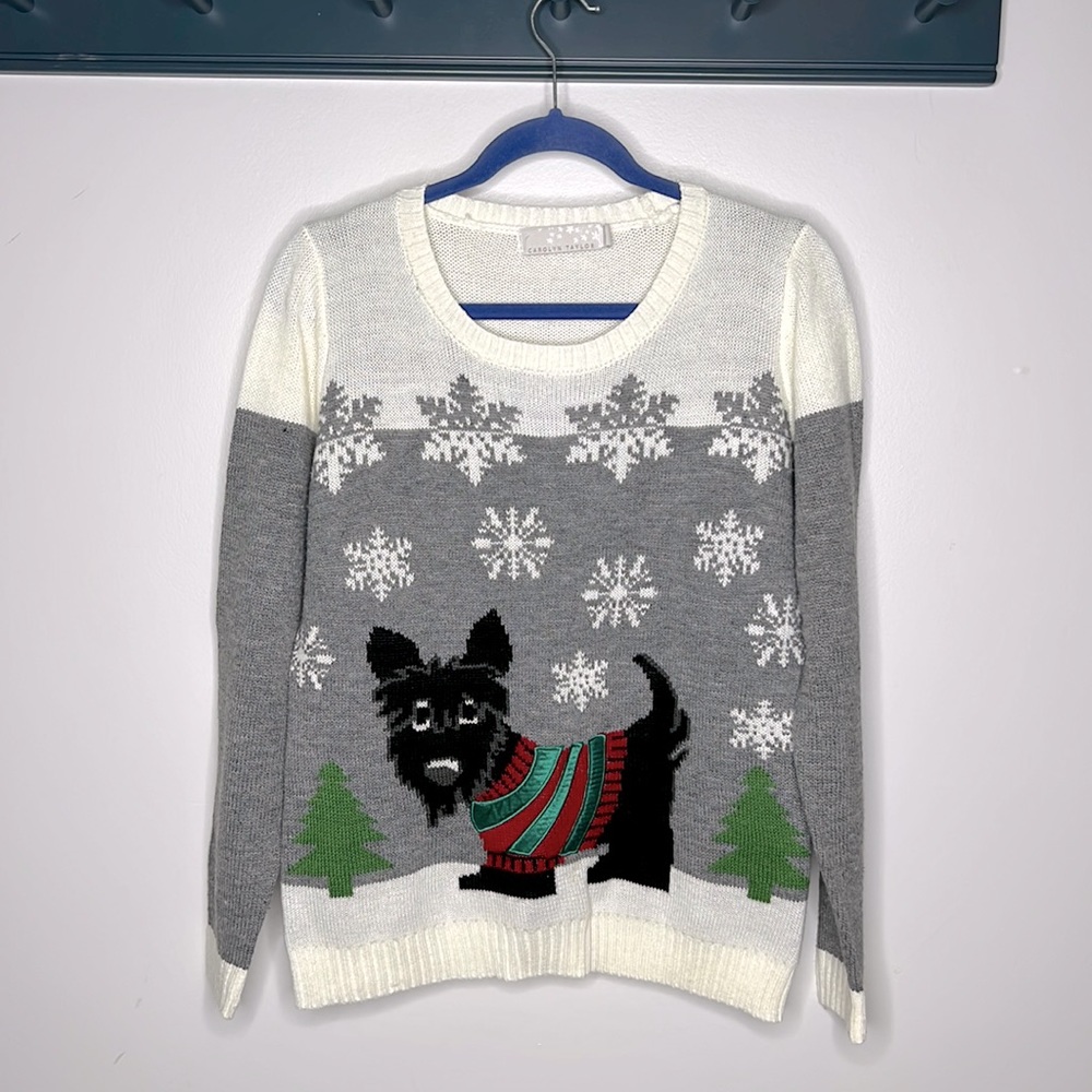 Carolyn Taylor Holiday Sweater with Terrier Snowflakes Gray Cream Size M - Picture 1 of 8